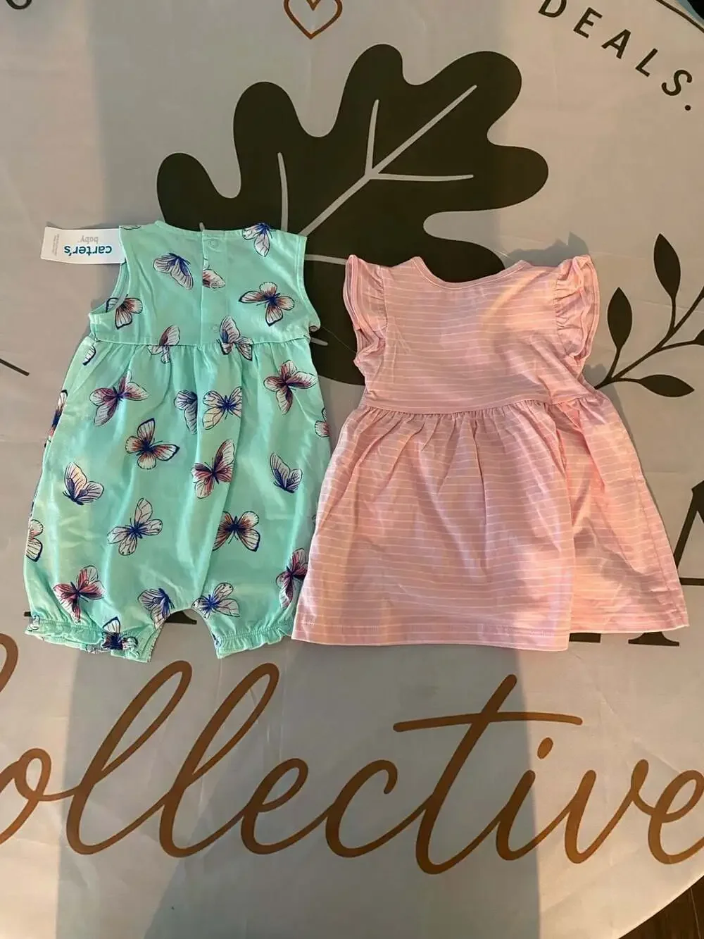 Carter's Baby Girl 9M 2-Piece Striped Pink Dress and Butterfly Print Romper Set